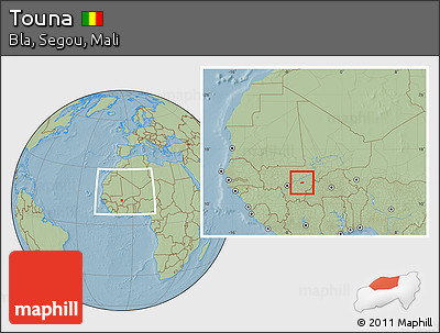 Savanna Style Location Map of Touna, within the entire country, hill shading