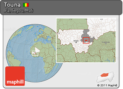 Savanna Style Location Map of Touna, highlighted country, highlighted grandparent region, hill shading