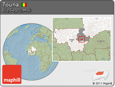 Savanna Style Location Map of Touna, highlighted country, highlighted grandparent region, hill shading