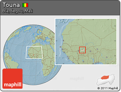Savanna Style Location Map of Touna, highlighted parent region, within the entire country, hill shading