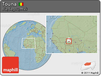 Savanna Style Location Map of Touna, highlighted parent region, highlighted grandparent region, within the entire country, hill shading