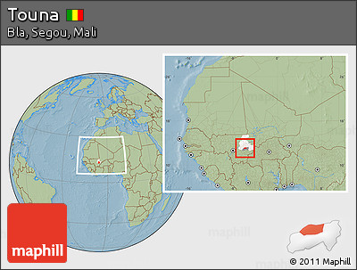 Savanna Style Location Map of Touna, highlighted parent region, highlighted grandparent region, within the entire country, hill shading