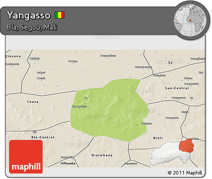 Physical 3D Map of Yangasso, shaded relief outside