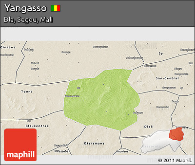 Physical 3D Map of Yangasso, shaded relief outside