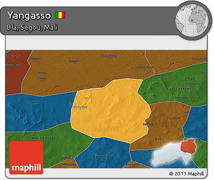 Political 3D Map of Yangasso, darken