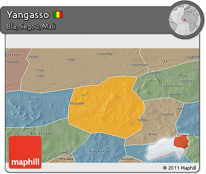 Political 3D Map of Yangasso, semi-desaturated