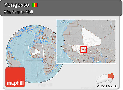Gray Location Map of Yangasso, highlighted country, highlighted parent region, within the entire country, hill shading
