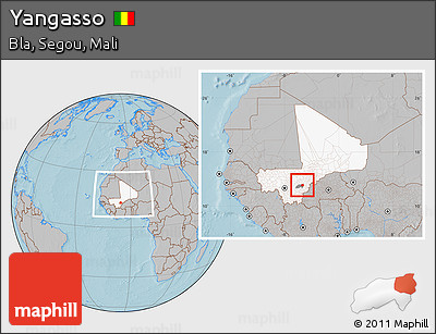 Gray Location Map of Yangasso, highlighted country, highlighted parent region, within the entire country, hill shading