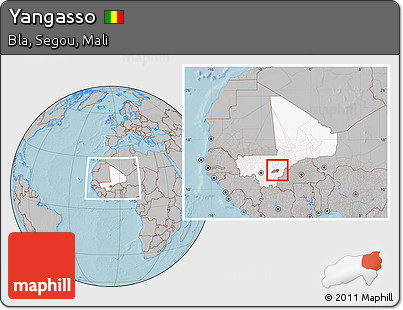 Gray Location Map of Yangasso, highlighted country, highlighted parent region, within the entire country, hill shading