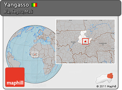 Gray Location Map of Yangasso, highlighted grandparent region, hill shading