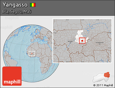 Gray Location Map of Yangasso, highlighted grandparent region, hill shading