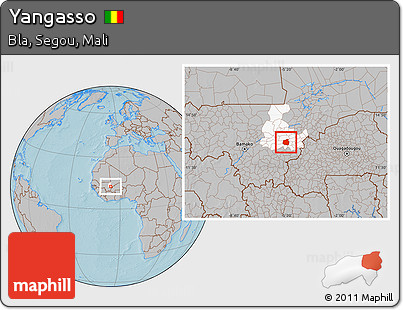 Gray Location Map of Yangasso, highlighted grandparent region, hill shading