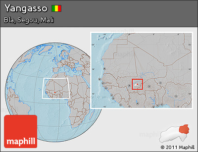 Gray Location Map of Yangasso, highlighted parent region, within the entire country, hill shading