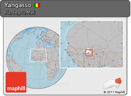 Gray Location Map of Yangasso, highlighted parent region, highlighted grandparent region, within the entire country, hill shading
