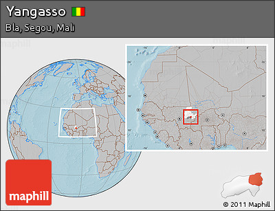 Gray Location Map of Yangasso, highlighted parent region, highlighted grandparent region, within the entire country, hill shading