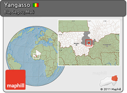Savanna Style Location Map of Yangasso, highlighted country, highlighted grandparent region, hill shading