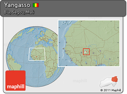 Savanna Style Location Map of Yangasso, highlighted parent region, within the entire country, hill shading