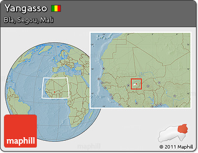 Savanna Style Location Map of Yangasso, highlighted parent region, within the entire country, hill shading