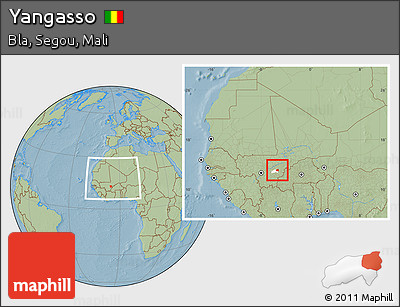 Savanna Style Location Map of Yangasso, highlighted parent region, within the entire country, hill shading