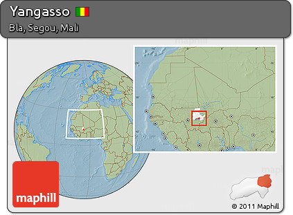 Savanna Style Location Map of Yangasso, highlighted parent region, highlighted grandparent region, within the entire country, hill shading
