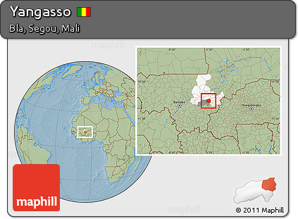 Savanna Style Location Map of Yangasso, highlighted parent region, highlighted grandparent region, hill shading