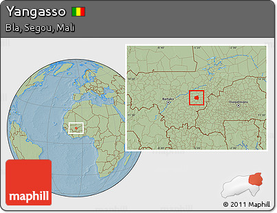 Savanna Style Location Map of Yangasso, hill shading