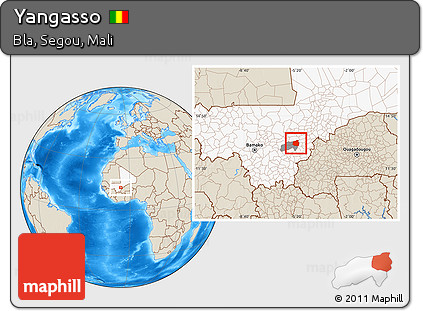Shaded Relief Location Map of Yangasso, highlighted country, highlighted parent region