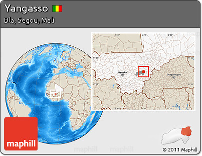 Shaded Relief Location Map of Yangasso, highlighted country, highlighted parent region