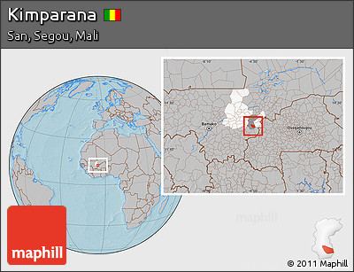 Gray Location Map of Kimparana, highlighted parent region, highlighted grandparent region, hill shading