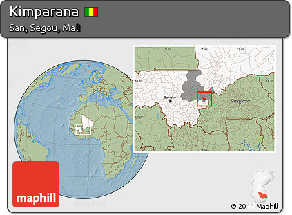 Savanna Style Location Map of Kimparana, highlighted country, highlighted grandparent region, hill shading