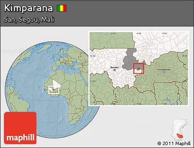 Savanna Style Location Map of Kimparana, highlighted country, highlighted grandparent region, hill shading