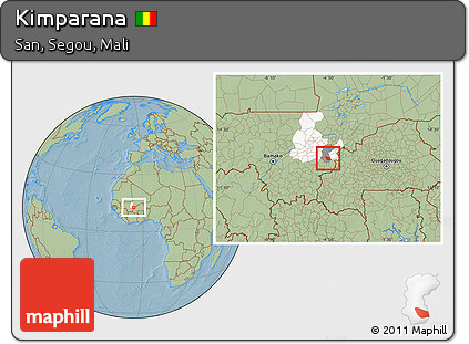Savanna Style Location Map of Kimparana, highlighted parent region, highlighted grandparent region, hill shading