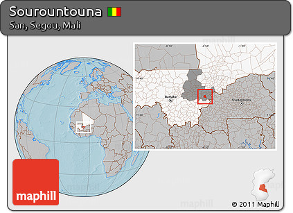 Gray Location Map of Sourountouna, highlighted country, highlighted grandparent region, hill shading