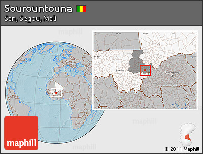 Gray Location Map of Sourountouna, highlighted country, highlighted grandparent region, hill shading