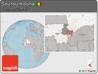 Gray Location Map of Sourountouna, highlighted country, highlighted grandparent region, hill shading