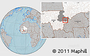 Gray Location Map of Sourountouna, highlighted country, highlighted grandparent region, hill shading