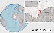 Gray Location Map of Sourountouna, highlighted country, highlighted parent region, hill shading