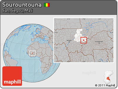 Gray Location Map of Sourountouna, highlighted grandparent region, hill shading