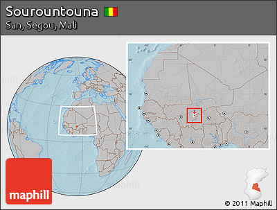 Gray Location Map of Sourountouna, highlighted parent region, within the entire country, hill shading