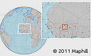 Gray Location Map of Sourountouna, highlighted parent region, within the entire country, hill shading