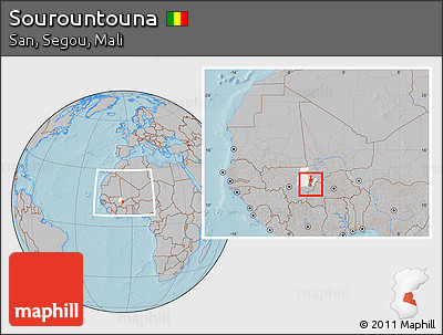 Gray Location Map of Sourountouna, highlighted parent region, highlighted grandparent region, within the entire country, hill shading