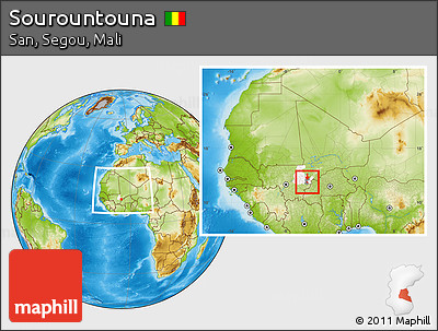 Physical Location Map of Sourountouna, highlighted parent region, highlighted grandparent region, within the entire country