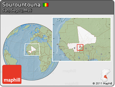 Savanna Style Location Map of Sourountouna, highlighted country, highlighted parent region, within the entire country, hill shading