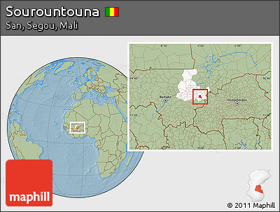 Savanna Style Location Map of Sourountouna, highlighted grandparent region, hill shading