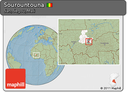 Savanna Style Location Map of Sourountouna, highlighted parent region, highlighted grandparent region, hill shading