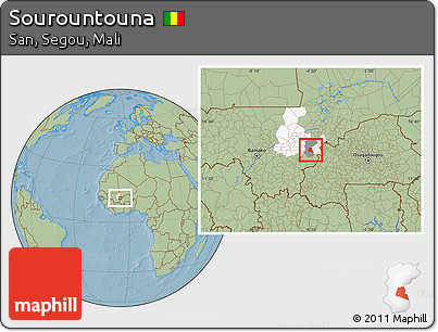 Savanna Style Location Map of Sourountouna, highlighted parent region, highlighted grandparent region, hill shading
