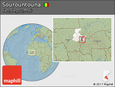 Savanna Style Location Map of Sourountouna, highlighted parent region, highlighted grandparent region, hill shading