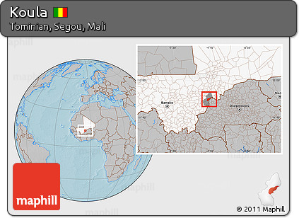 Gray Location Map of Koula, highlighted country, highlighted parent region, hill shading