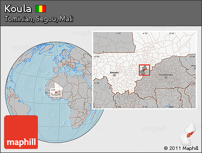 Gray Location Map of Koula, highlighted country, highlighted parent region, hill shading