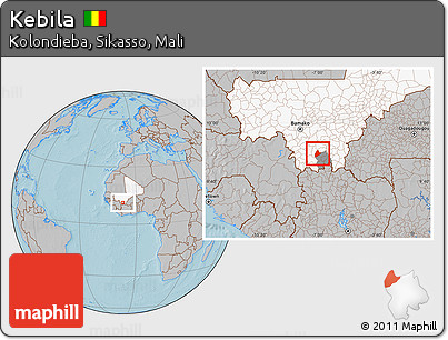 Gray Location Map of Kebila, highlighted country, highlighted parent region, hill shading